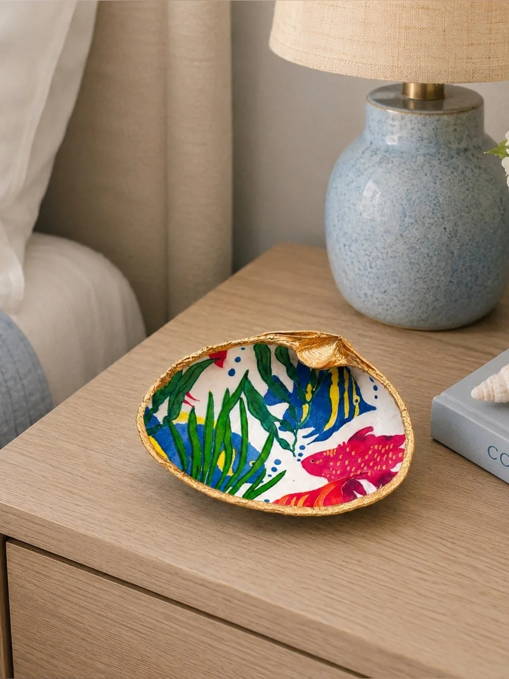 Tropical Fish Clam Shell Ring Dish | Hand Decoupage Nautical Jewelry Holder - Picture 3 of 4